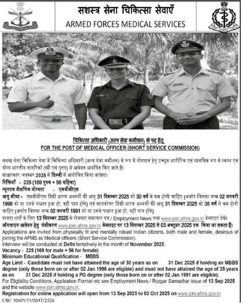 AFMS Recruitment 2025 - Apply Online for 225 Medical Officer Posts