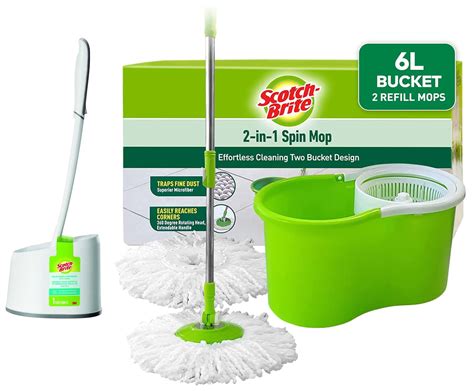Scotch-Brite 2-in-1 Bucket Spin Mop (Green, 2 Refills)& Plastic Kitchen ...