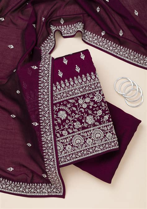 Buy Wine Zariwork Soft Raw Silk Unstitched Salwar Suit - Koskii
