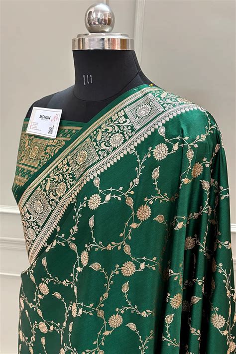 Bottle Green Albeli Jaal Katan Silk Banarasi Saree – Mohsin Textiles