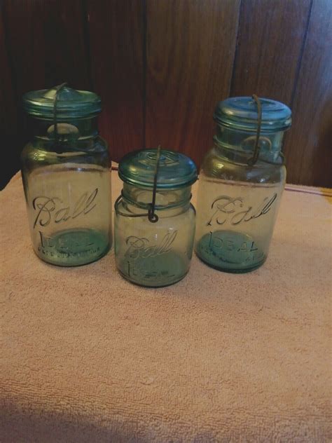 3 VINTAGE BALL IDEAL CANNING JARS BLUE GREEN COLOR 2 QT JARS & 1 PINT ...