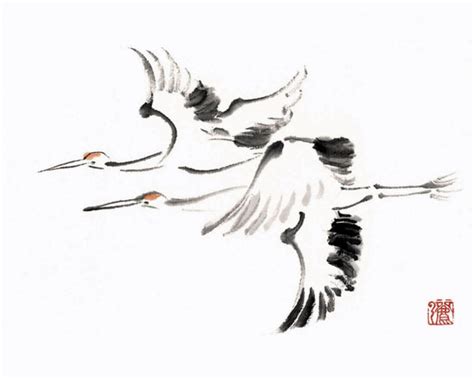 Japanese Twin Cranes - Japanese Feng Shei (Feng Shui) Painting by ...