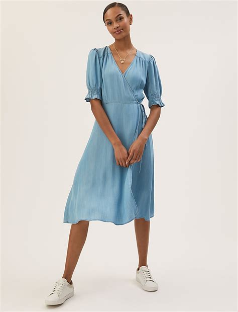 Buy Tencel™ Denim V-Neck Midi Wrap Dress at Marks & Spencer