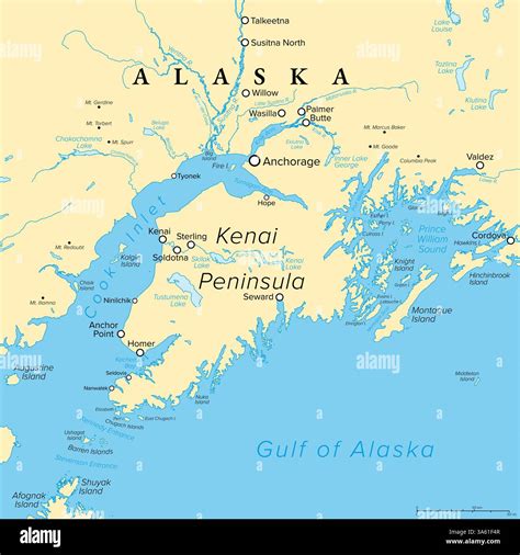 Anchorage and Kenai Peninsula, Alaska, political map. Alaskas most ...