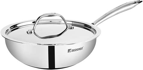 Bergner Argent Triply 22 cm Wok, 2.2 L Capacity, Stainless Steel Lid ...