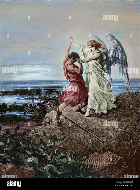 Jacob wrestling with the Angel. Engraving by Laplante. The Bible in ...