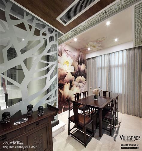 苏州160平新中式室内跃层餐厅手绘背景墙效果图 – 设计本装修效果图