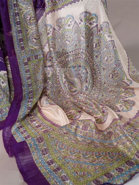 Purple Fusion of Madhubani and Bandhej Green Silk Saree with