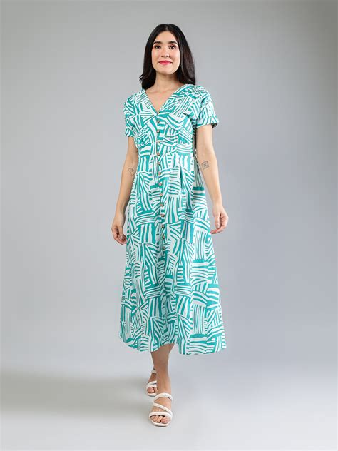 Teal Cotton Printed Dress – Peppinosclothing