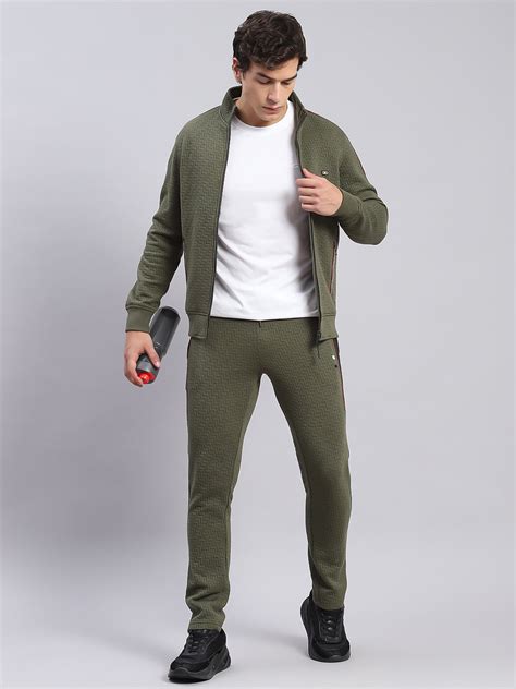 Buy Men Olive Solid Stand Collar Full Sleeve Tracksuits Online in India ...