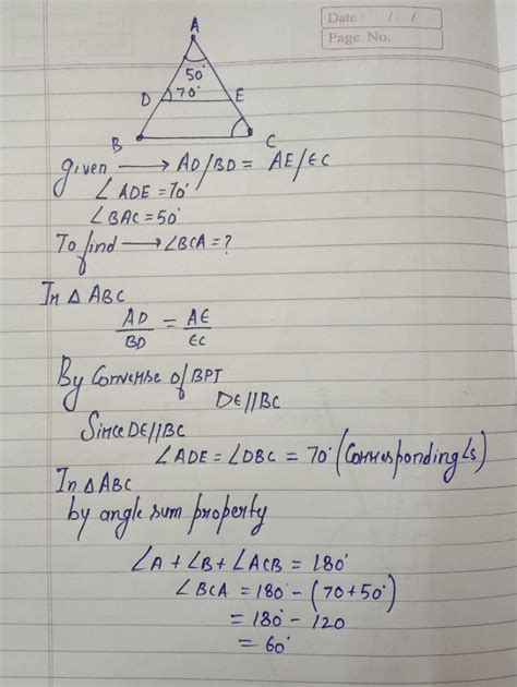 In the given figure, AD/BD = AE/EC and andang;ADE = 70anddeg;,andang ...