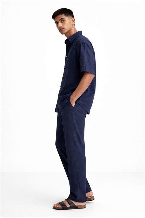 Navy Blue Linen Set for Men | Half Sleeve Linen Shirt & Linen Pants – LININ