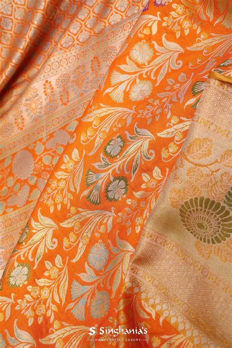 Pumpkin Orange Kanjivaram Tissue Saree With Meenakari Border| Singhania's