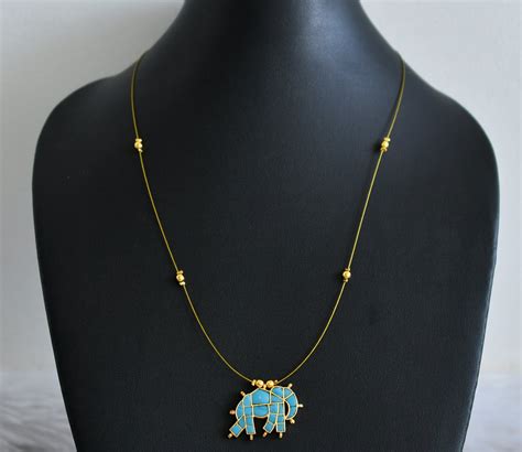 Gold tone turquoise blue kundan jadau elephant invisible necklace dj-4 ...