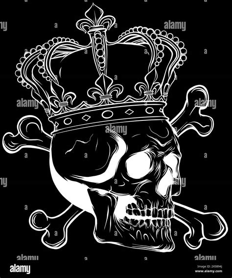 white silhouette of skull with crown and crossed bones in cartoon vintage style isolated on ...