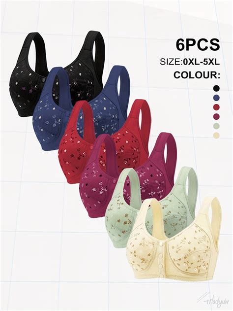 6pcs Women's Floral Print Front Closure Bralettes - Soft, Wireless Com ...
