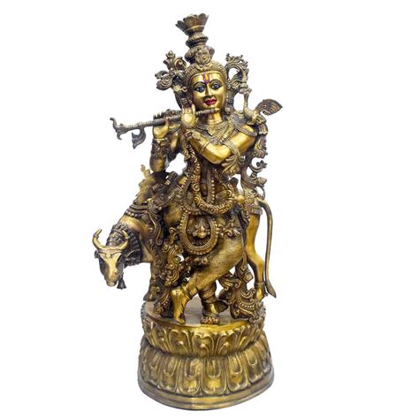 Buy Online | Brass Krishna Idol Flute Player with Cow | Satvikstore.in ...