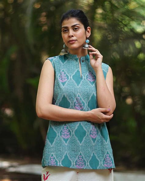 Buy Frangipani’s Freshness Teal Green Handblock Top | Tops Korean