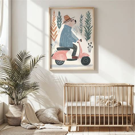 Nursery Wall Art Bear On Scooter - Playful Shapes Kids Posters, Modern ...