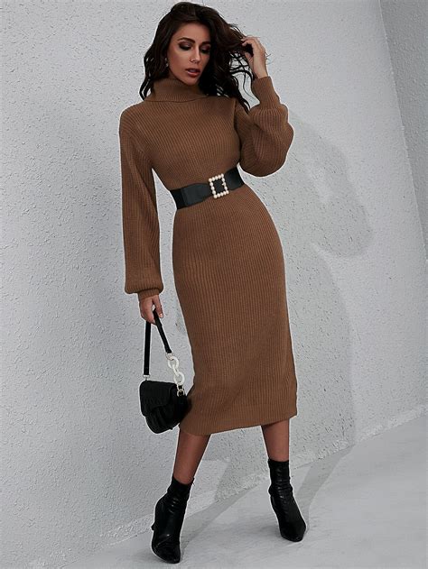 Turtleneck Rib Knit Dress Without Belt | Knitted dress outfit, Winter ...