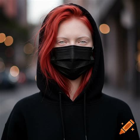 A young woman with bright red hair and pale eyes wears a black hoodie ...