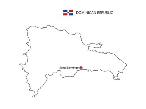 Hand draw thin black line vector of Dominican Republic Map with capital city Santo Domingo on ...