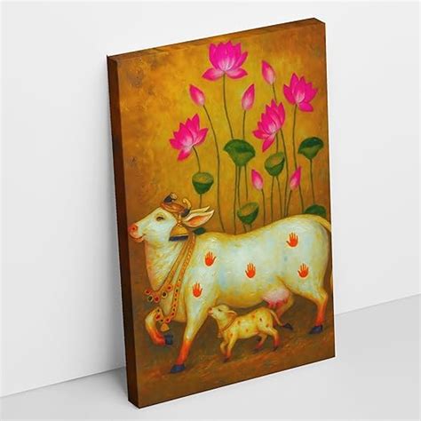 Kunj Cart Kamdhenu Cow with Calf Vastu Painting Without Framed (24x36 ...