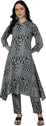 Buy Yash Gallery Women’s Cambric Cotton Blue Printed A-Line Kurta with ...