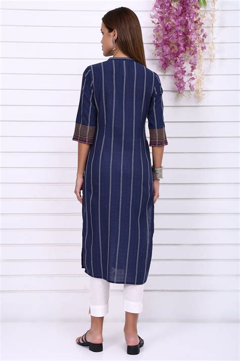 Buy Navy Blue Striped Printed Thread Embroidered Cotton Straight Kurta ...
