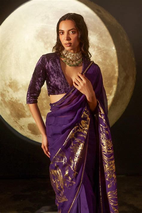 Dohr | Deep purple organza gold foil printed saree with blouse | Aarna ...