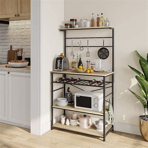 Buy Bestier Industrial 5 Tier Kitchen Bakers Rack with Wine Rack Oak ...