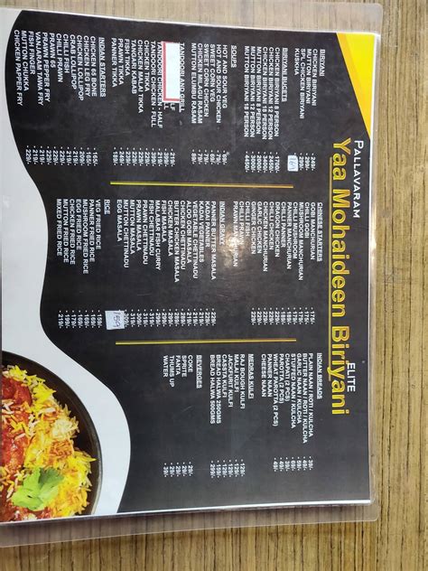 Menu at Yaa. Mohaideen Briyani, Chennai, 4/192 & 4/222