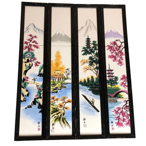 Vintage Japanese Framed Wall Tiles Handpainted Art Landscape Fisherman ...