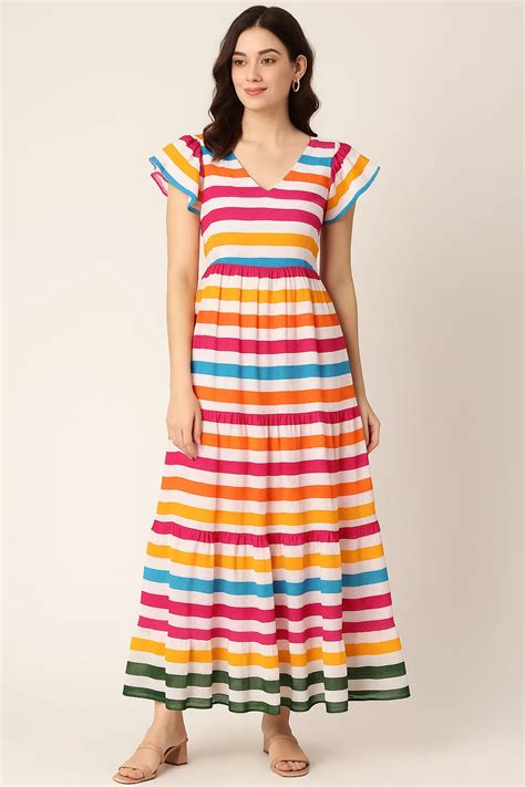 Digital Printed Pure Cotton Fabric - Multicolor Stripe Unstitched ...