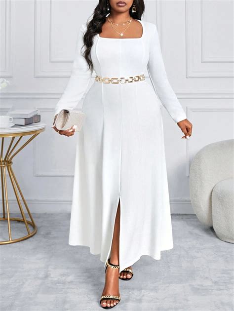 SHEIN Lady Autumn And Winter Elegant White Knitted Square Neck Long ...