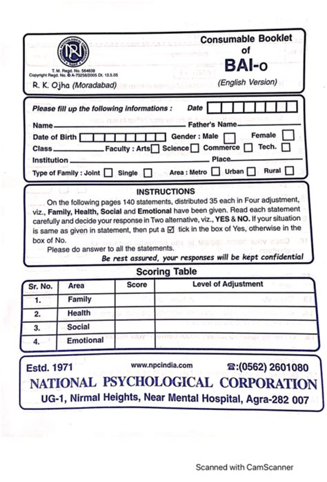BAI 564838 - Psychological Adjustment Inventory Booklet (Eng.) - Studocu
