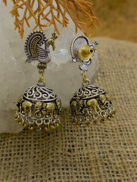 Traditional Dual Tone Mayur & Elephant Design Stud Jhumka – Jumkey ...