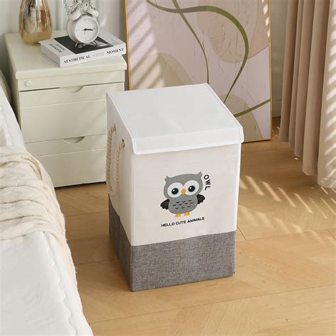 Foldable Laundry Basket for Clothes with Lid, Grey - Owl – HOKIPO | Har ...