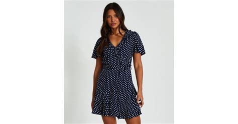 QUIZ Navy Polka Dot Wrap Mini Dress | New Look