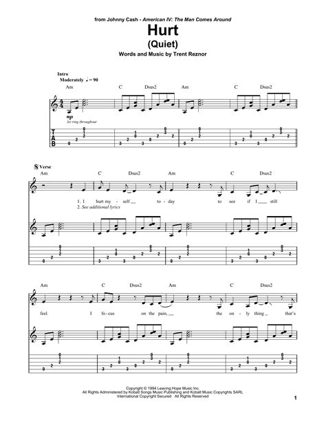 Hurt (Quiet) by Johnny Cash Sheet Music for Guitar Tab (Single Guitar ...