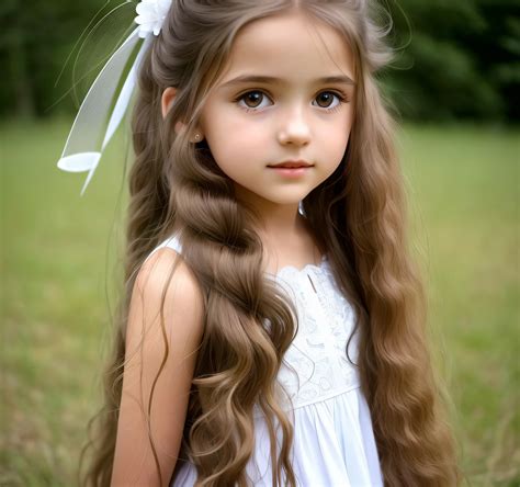 A close up of a young girl with long hair and a white flower in her ...