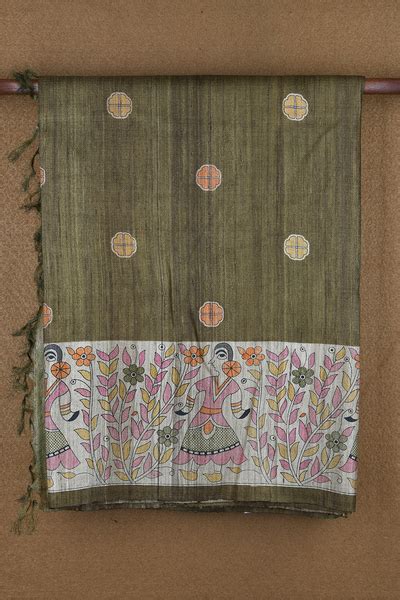 Madhubani Border In Mehendi Green Tussar Silk Saree – Sundari Silks