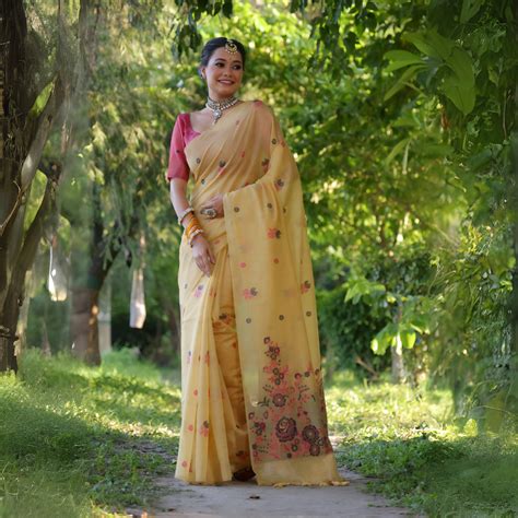 Yellow Floral With Resham Weaving Soft Muga Cotton Saree – Kalyanja