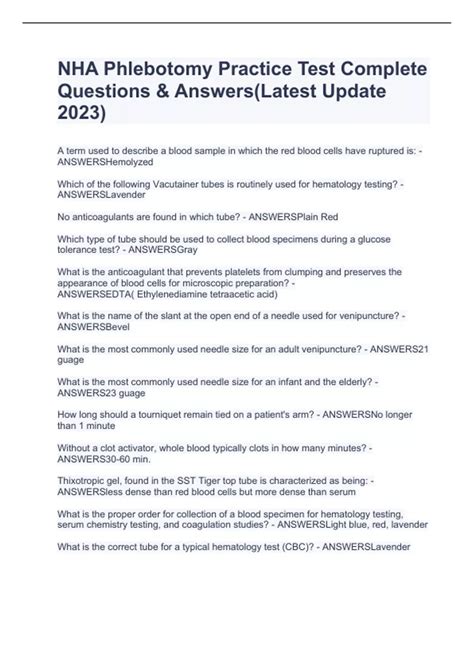 NHA Phlebotomy Practice Test Complete Questions & Answers(Latest Update ...