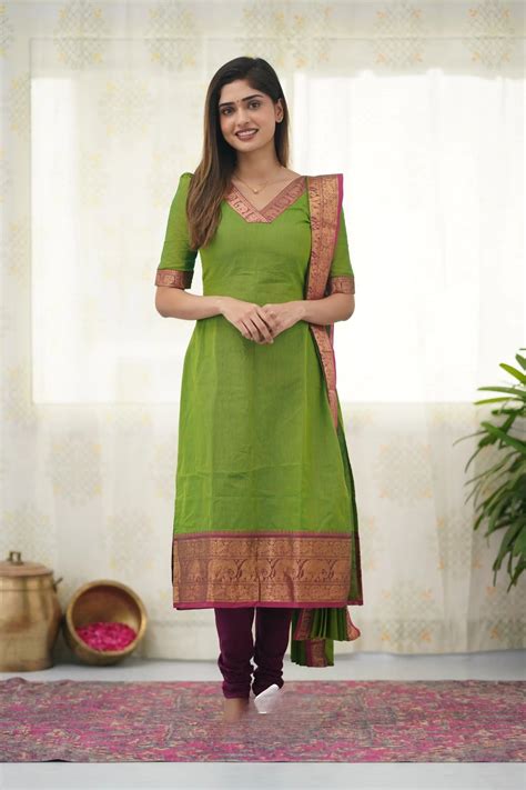 Fresh Light Green Chanderi Cotton Kurta Set with Pink Tone Border – Gr ...