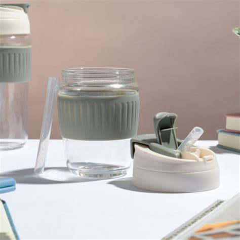 Glass Tumbler With Dual Flip Lid Grey 350ml Online - Premium Water ...