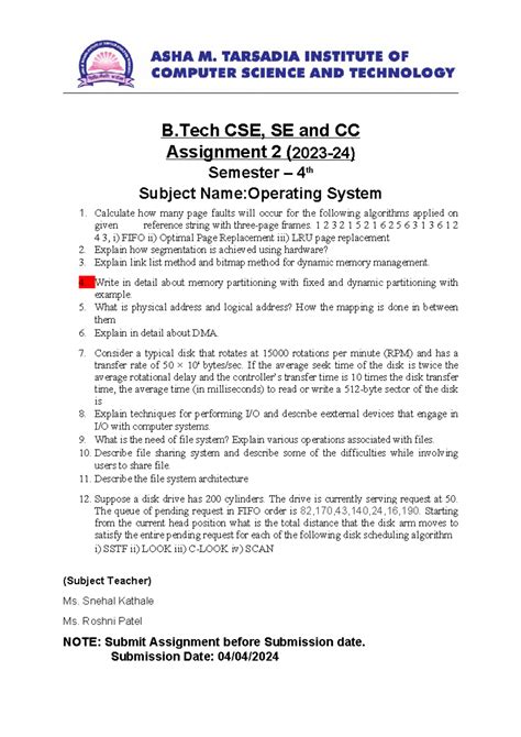 Operating system assignment - B CSE, SE and CC Assignment 2 (2023-24 ...