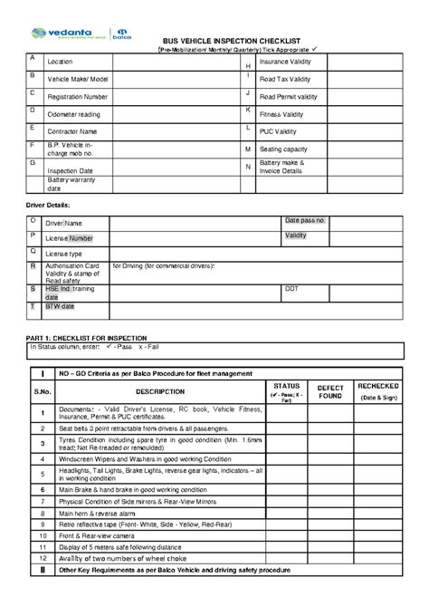 BUS VHI CHECKLIST: Pre-Mobilization/Monthly/Quarterly Inspection Guide ...