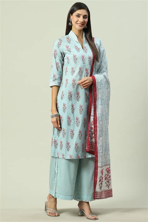 Sky Blue Cotton Straight Kurta Palazzo Suit Set