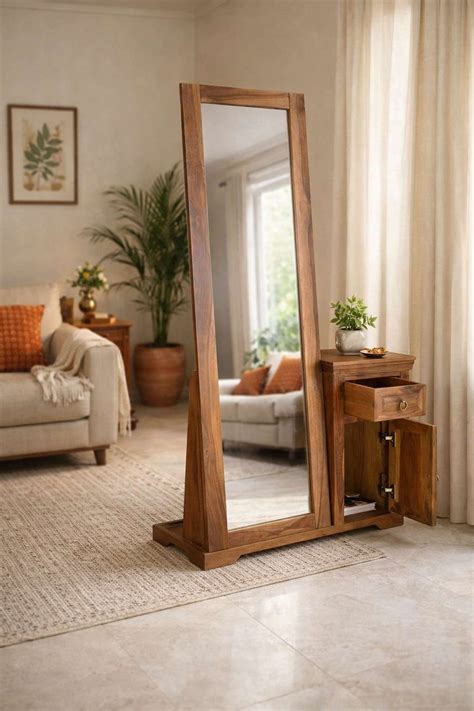 Solid Wood Floor Mirror Dressing Unit with Drawer & Cabinet Storage ...